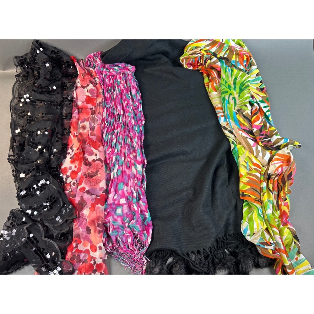 Lot of 5 Womens Scarves Studio Pom Pom Ceyon Sequin Tropical Floral Pink‎ Black